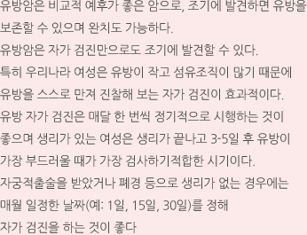 유방암은 비교적 예후가 좋은 암으로, 조기에 발견하면 유방을 보존할 수 있으며 완치도 가능하다. 유방암은 자가 검진만으로도 조기에 발견할 수 있다. 특히 우리나라 여성은 유방이 작고 섬유조직이 많기 때문에 유방을 스스로 만져 진찰해 보는 자가 검진이 효과적이다. 유방 자가 검진은 매달 한 번씩 정기적으로 시행하는 것이 좋으며 생리가 있는 여성은 생리가 끝나고 3-5일 후 유방이 가장 부드러울 때가 가장 검사하기적합한 시기이다. 자궁적출술을 받았거나 폐경 등으로 생리가 없는 경우에는 매월 일정한 날짜(예: 1일, 15일, 30일)를 정해 자가 검진을 하는 것이 좋다